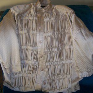 Perlita Vintage Silk Jacket Lined Padded Shoulder Size L Beige Pleated Button Up